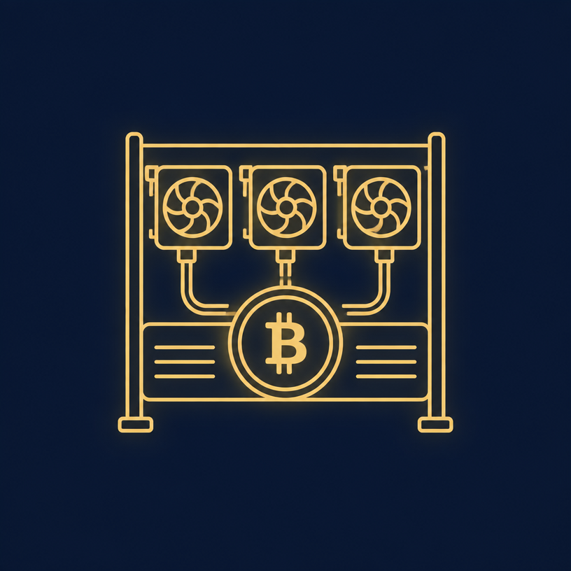 Gold line-art icon of a crypto mining rig