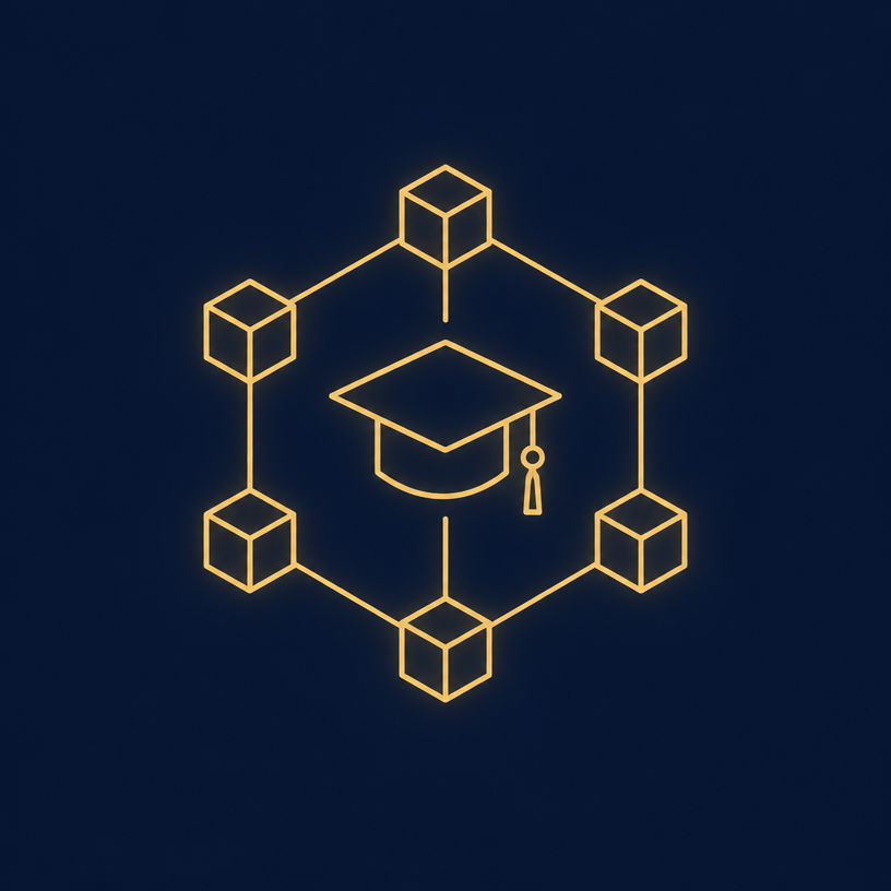 Gold line-art icon of connected blocks